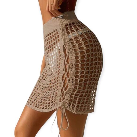 Tan Hollow Out Sides Lace Up Corset Beach Cover Bikini Mini Skirt - NEW - Picture 3 of 4